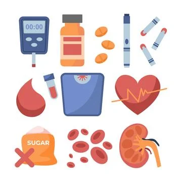 Set of Diabetes elements objects set collection. Diabetes equipment icon co.. Stock Illustration