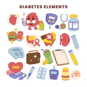 Set of diabetes elements set collection. Diabetes objects icon collection. .. Stock Illustration
