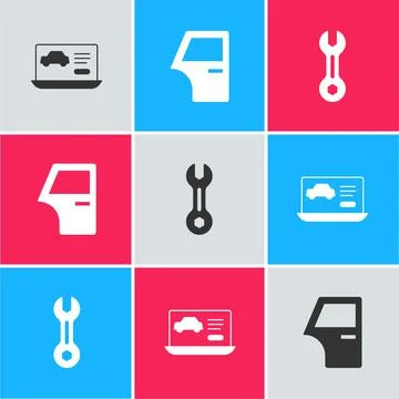 Set Diagnostics condition of car, Car door and Wrench spanner icon. Vector Stock Illustration