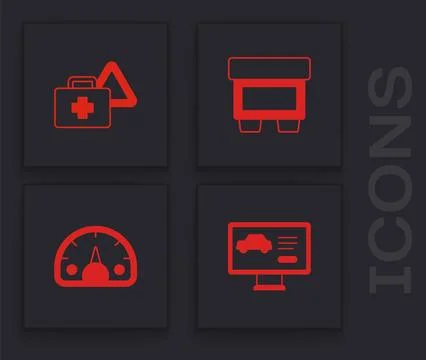 Set Diagnostics condition of car, First aid kit and warning triangle, Fuse and Illustrazione stock