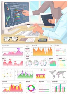 Set of diagrams with statistical indicators and data. People analyse digital Illustrazione stock