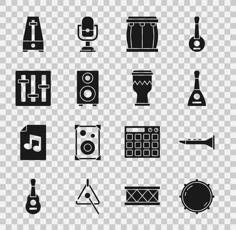 Set Dial knob level, Clarinet, Balalaika, Drum, Stereo speaker, Sound mixer Stock Illustration