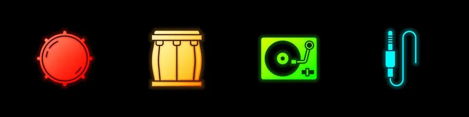 Set Dial knob level, Drum, Vinyl player with vinyl disk and Audio jack icon Stock Illustration