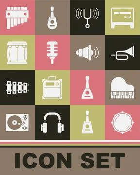 Set Dial knob level, Grand piano, Trumpet, Musical tuning fork, Microphone, Drum Stock Illustration
