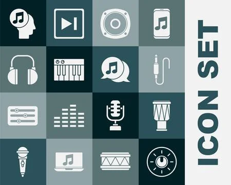 Set Dial knob level technology settings, Drum, Audio jack, Stereo speaker, Mu Stock Illustration