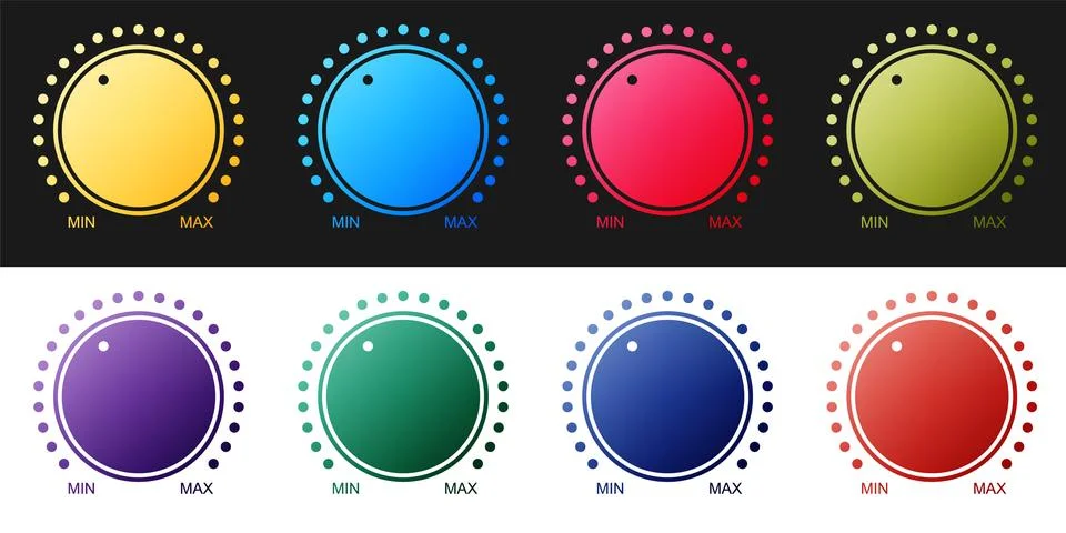 Set Dial knob level technology settings icon isolated on black and white Stock Illustration