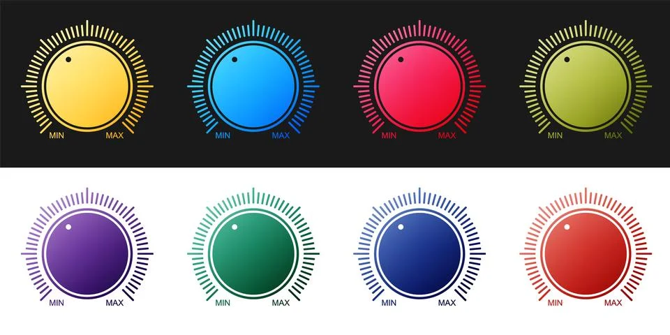 Set Dial knob level technology settings icon isolated on black and white Stock Illustration