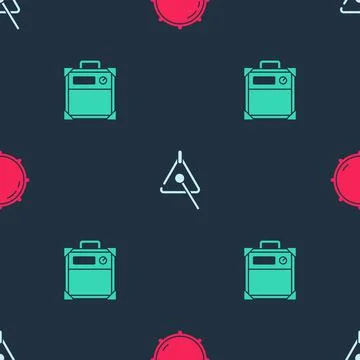 Set Dial knob level, Triangle and Guitar amplifier on seamless pattern. Vector Stock Illustration