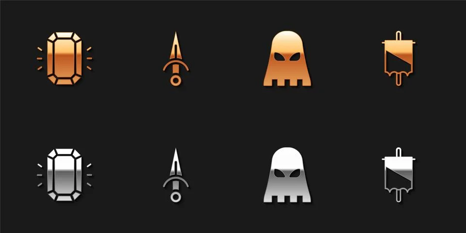 Set Diamond, Dagger, Executioner mask and Medieval flag icon. Vector Stock Illustration