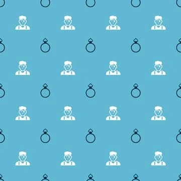 Set Diamond engagement ring and Jeweler man on seamless pattern. Vector Illustrazione stock