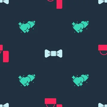 Set Diamond engagement ring, Bow tie and Two Linked Hearts on seamless pattern Illustrazione stock