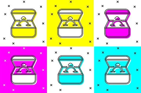 Set Diamond engagement ring in a box icon isolated on color background.  Vect Stock Illustration