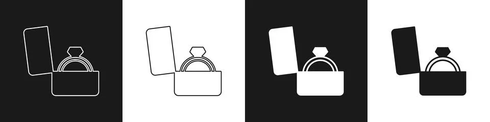 Set Diamond engagement ring in a box icon isolated on black and white background Stock Illustration