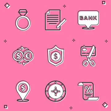 Set Diamond engagement ring, Document and pen, Bank building, Money exchange Ilustración de archivo