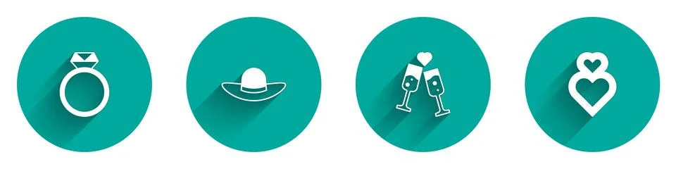 Set Diamond engagement ring, Elegant women hat, Glass of champagne and Hear.. Stock Illustration