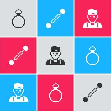 Set Diamond engagement ring, Piercing and Jeweler man icon. Vector Stock Illustration