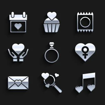 Set Diamond engagement ring, Search heart and love, Music note, tone with hearts Stock Illustration