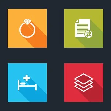 Set Diamond engagement ring, Transfer files, Hospital bed and Layers icon. Ve Stock Illustration