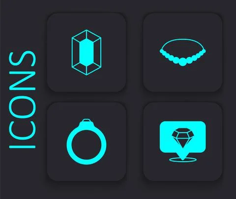 Set Diamond, Gem stone, Pearl necklace and engagement ring icon. Black square Stock Illustration