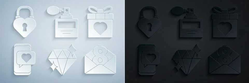 Set Diamond, Gift box and heart, Online dating app chat, Envelope with 8 Ma.. Stock Illustration