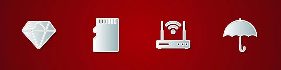 Set Diamond, Micro SD memory card, Router and wi-fi and Umbrella icon. Vector Stock Illustration