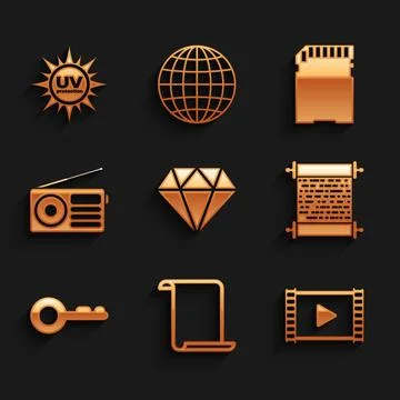 Set Diamond, Paper scroll, Play Video, , Key and Radio icon. Vector 스톡 일러스트
