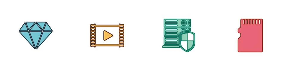 Set Diamond, Play Video, Server with shield and Micro SD memory card icon Stock Illustration