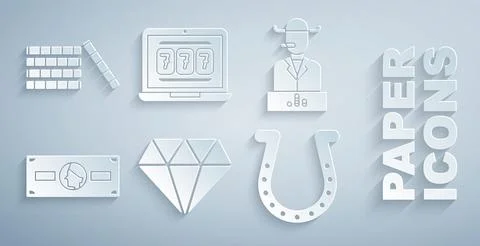 Set Diamond, Poker player, Stacks paper money cash, Horseshoe, Laptop and slot Stock Illustration
