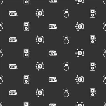Set Diamond ring, Music player, Drum machine music and Stacks paper money cash Stock Illustration