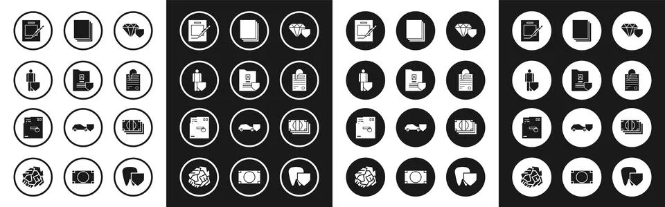 Set Diamond with shield, Document, Life insurance, Blank notebook and pen, Fi Stockillustratie