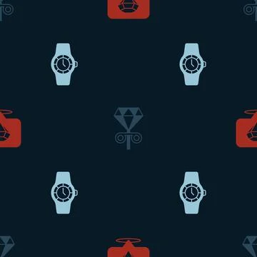 Set Diamond, Stud earrings and Wrist watch on seamless pattern. Vector Stock Illustration