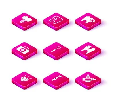 Set Diamond teeth, Tooth drill, First aid kit, Dental inspection mirror, Crossed Illustrazione stock