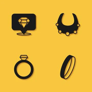 Set Diamond, Wedding ring, engagement and Necklace icon with long shadow. Vector Stock Illustration
