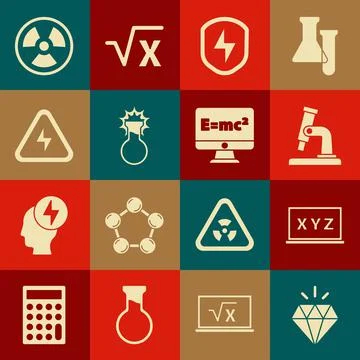 Set Diamond, XYZ Coordinate system, Microscope, Secure shield with lightning Stock Illustration
