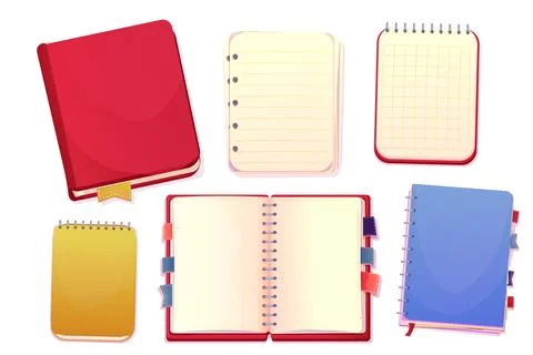 Set diary, note book in cartoon style top view, open, closed isolated on white Stock Illustration