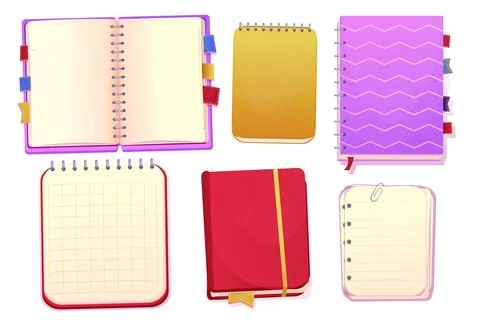 Set diary, note book in cartoon style top view, open, closed isolated on white Stock Illustration