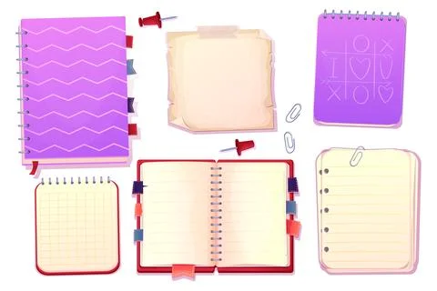 Set diary, note book in cartoon style top view, open, closed isolated on white Stock Illustration