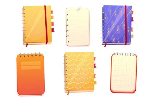 Set diary, note book in cartoon style top view, open, closed isolated on white Stock Illustration