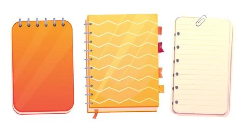 Set diary, note book in cartoon style top view, open, closed isolated on white Stock Illustration