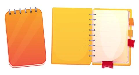 Set diary, note book in cartoon style top view, open, closed isolated on white Stock Illustration