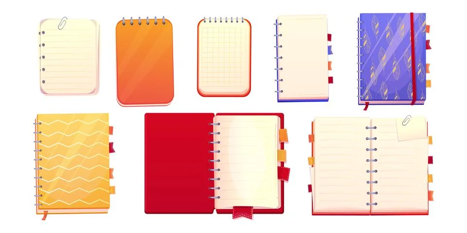 Set diary, note book in cartoon style top view, open, closed isolated on white Stock Illustration