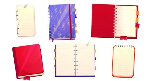 Set diary, note book in cartoon style top view, open, closed isolated on white Stock Illustration