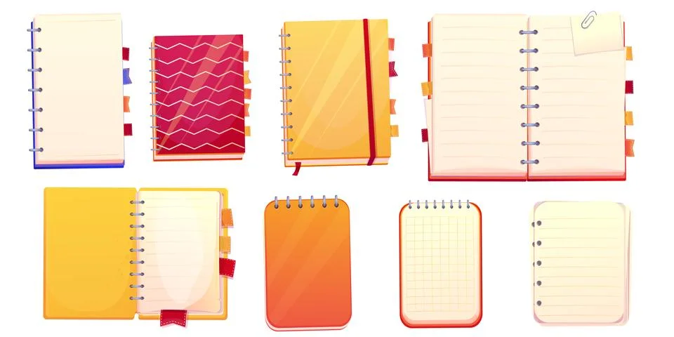 Set diary, note book in cartoon style top view, open, closed isolated on white Stock Illustration