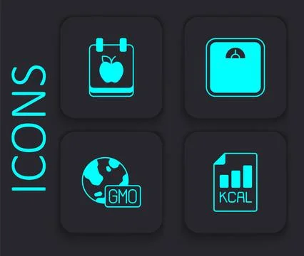 Set Diet plan, Bathroom scales and GMO icon. Black square button. Vector Illustrazione stock