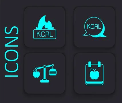 Set Diet plan, Kcal,  and Calorie calculator icon. Black square button. Vecto Stock Illustration