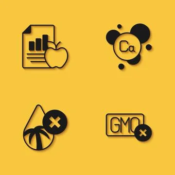 Set Diet plan, No GMO, Palm oil free and Calcium icon with long shadow. Vecto Stock Illustration