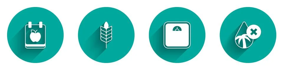 Set Diet plan, Wheat, Bathroom scales and Palm oil free icon with long shad.. Stock Illustration