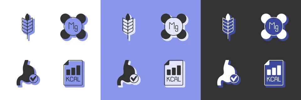 Set Diet plan, Wheat, Human stomach health and Magnesium icon. Vector Stock Illustration