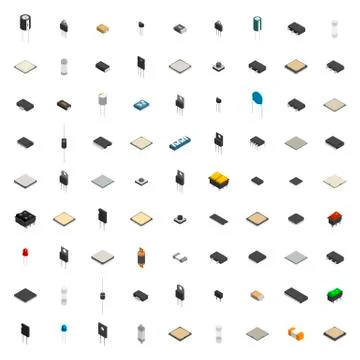 Set of different 3D electronic components , vector illustration. Stock Illustration