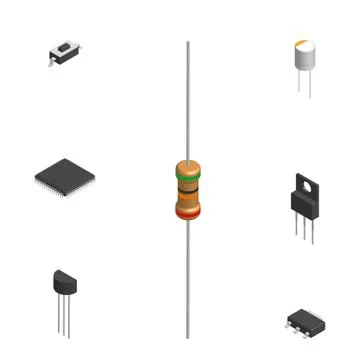 Set of different 3D electronic components, vector illustration. Illustrazione stock